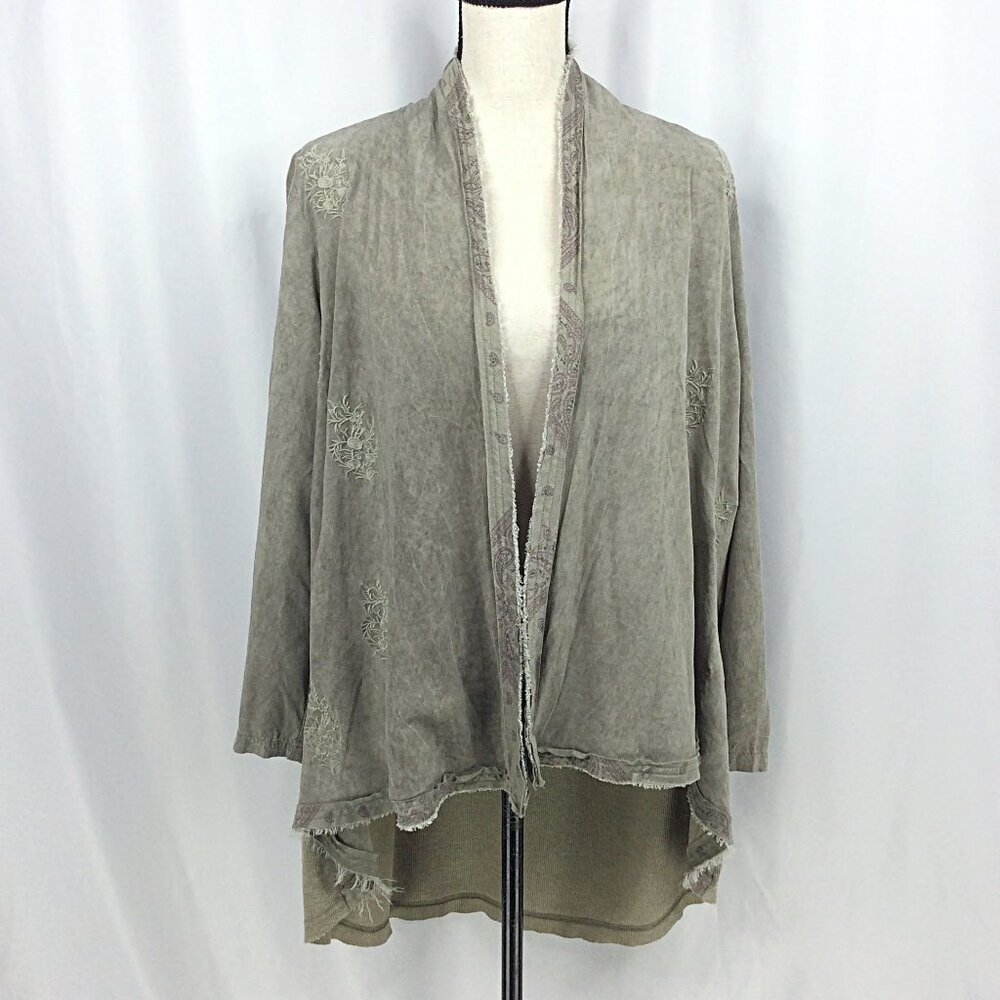 Miss Me Cardigan Womens Size‎ Small Olive Green Embroidered Duster Mixed Media